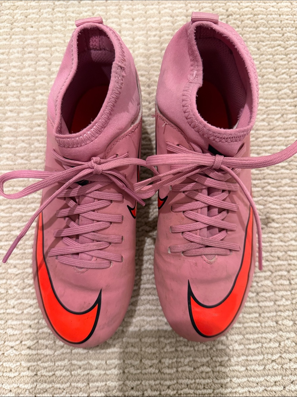 Nike Girls Pink Athletic Cleats with Orange Swoosh Size 1Y